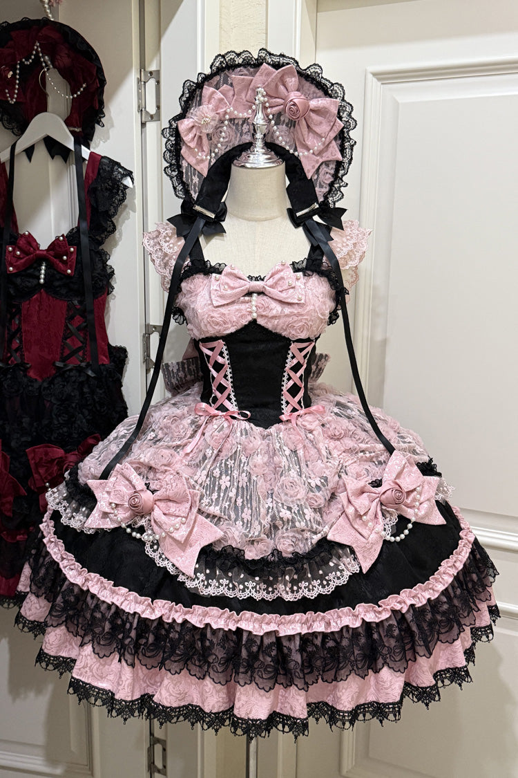 Ebony Rose Sleeveless Ruffle Bow Lace Corset Ballet Jumper Dress - Rose Princess