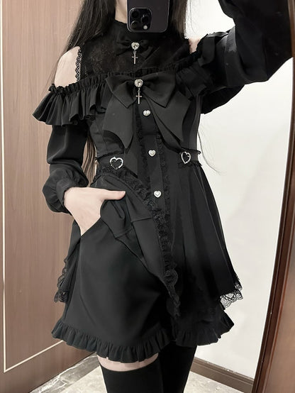 Black Jirai Kei Set Cutout Shoulder Landmine Dress Ruffle Trim Shorts Bows