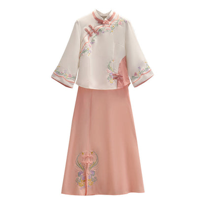 Floral Embroidery Buckle Vintage Top Skirt Set