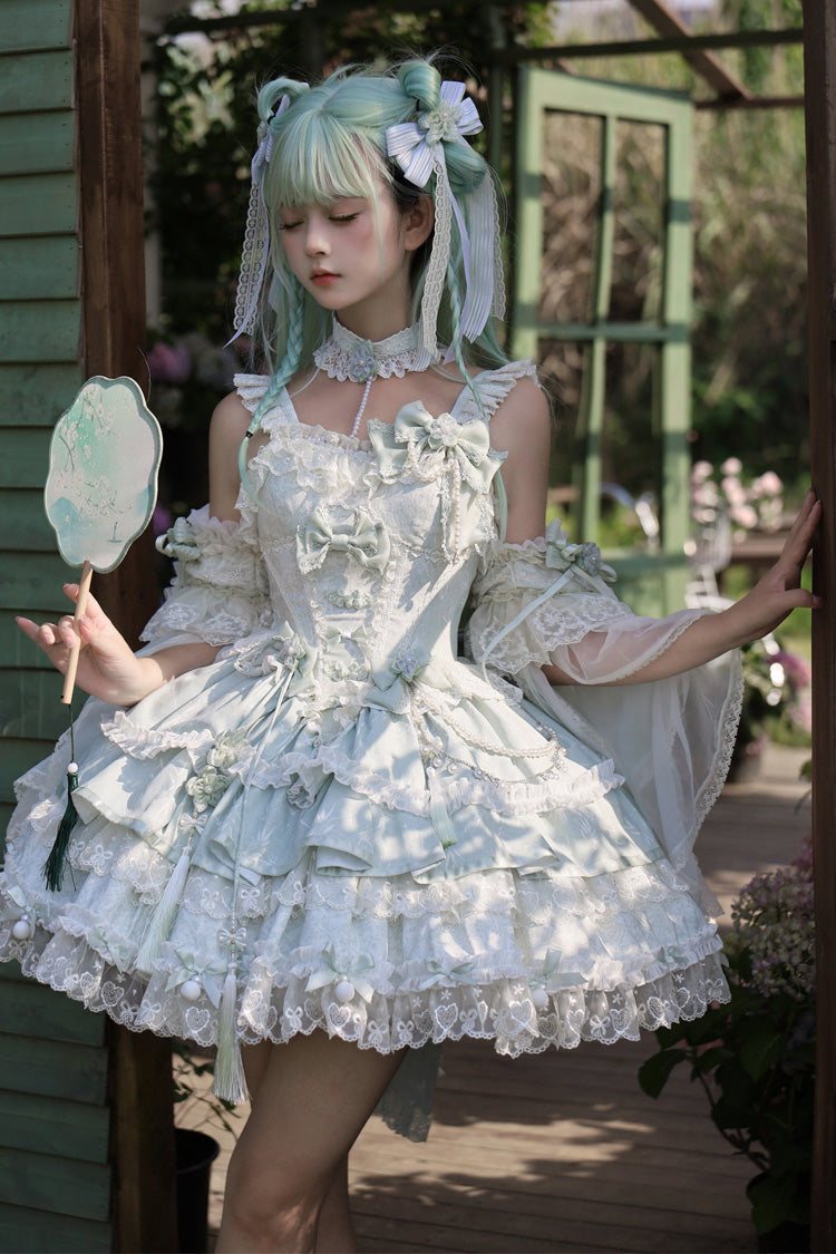 Green [Prelude of Spring Cherry] Square Collar Sleeveless Multi-Layered Jacquard Ruffled Bow Lace Pearl-Decorated Sweet Lolita Jsk Dress