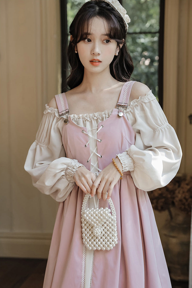 Square Collar Lolita Two-Piece with Lace-Up & Ruffled Details