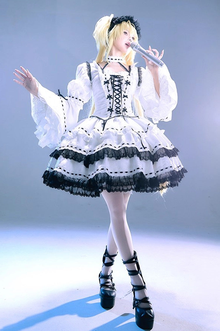 White Witch Long Sleeves Double-Layered Lace-Up Gothic Skirt Set
