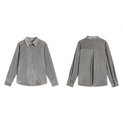 Pure Color Lapel Pleuche Shirt Workwear