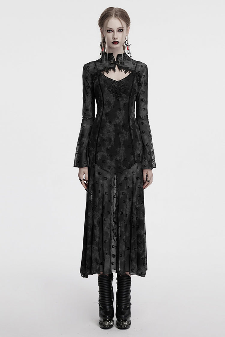 Grey Print Mesh Gothic Slip Dress with Cape