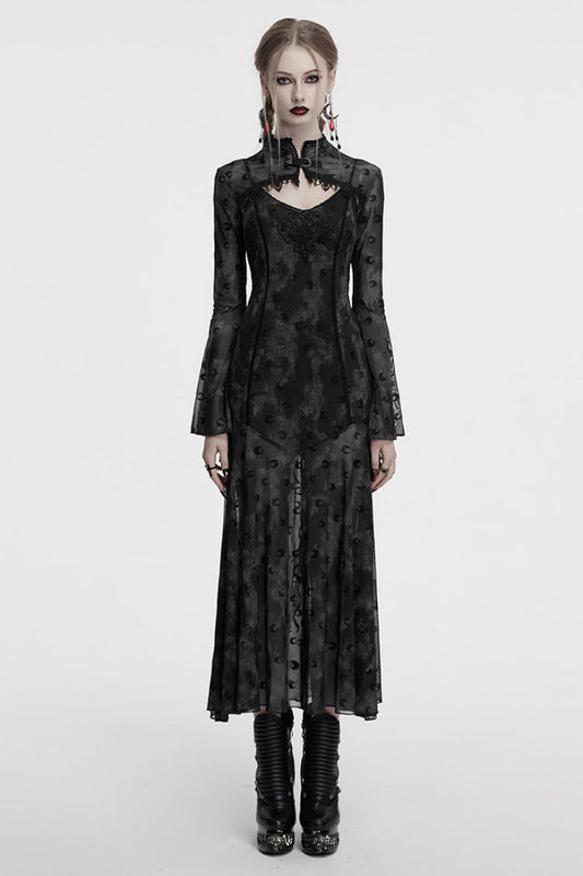 Grey Print Mesh Gothic Slip Dress with Cape