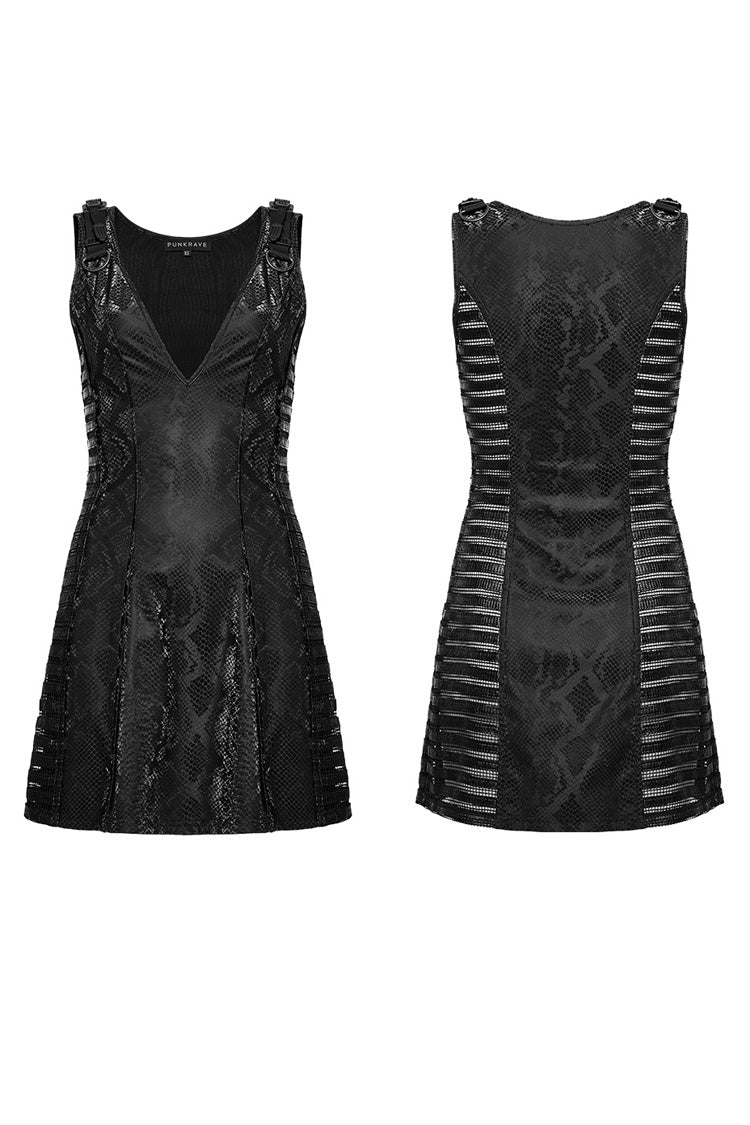 Ebony V-Neck Sleeveless Serpent Print Stitching Mesh Punk Gown