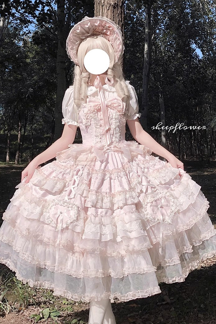 Rosy Ruffle Cascade Bow Embellished Sweetheart Lolita Jumper Dress - Sweetheart Diary