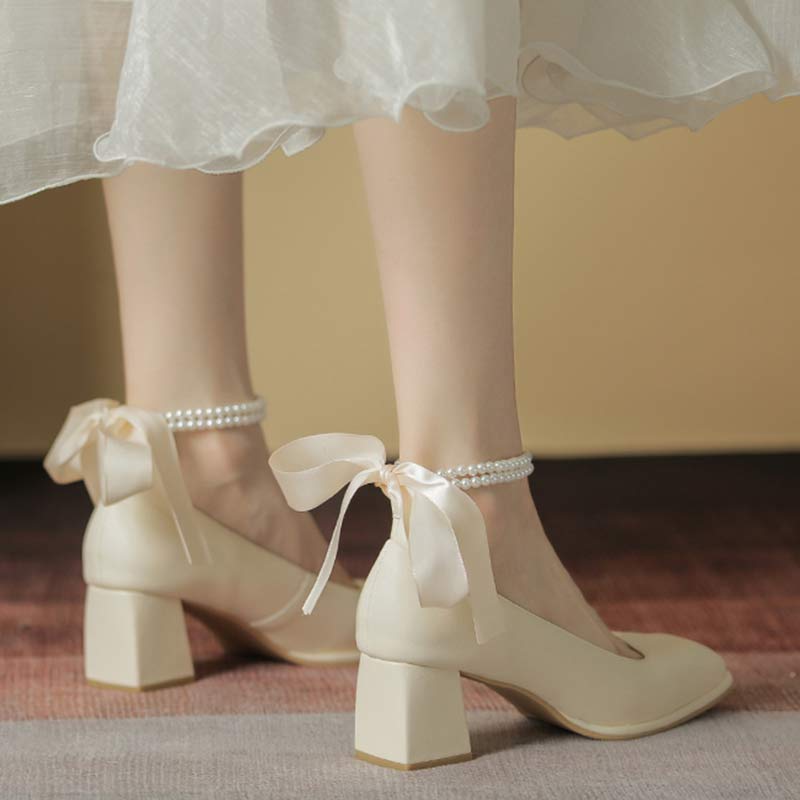 Elegant Pearl Bow High-heeled Shoes