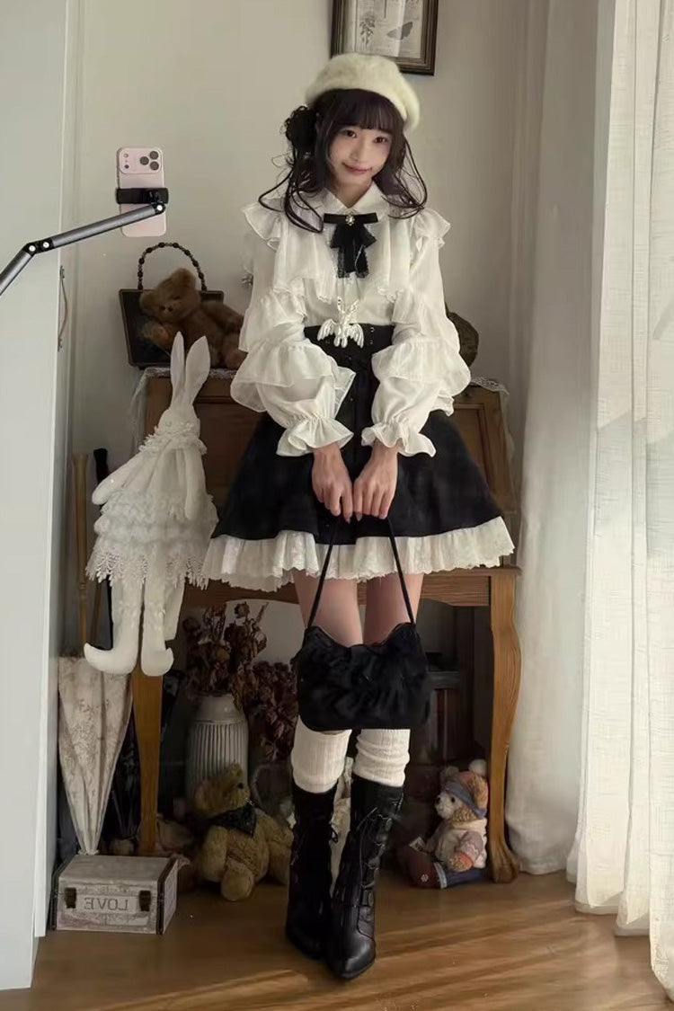 Monochrome Plaid Lace-Up Sweet Jirai Kei Skirt Set