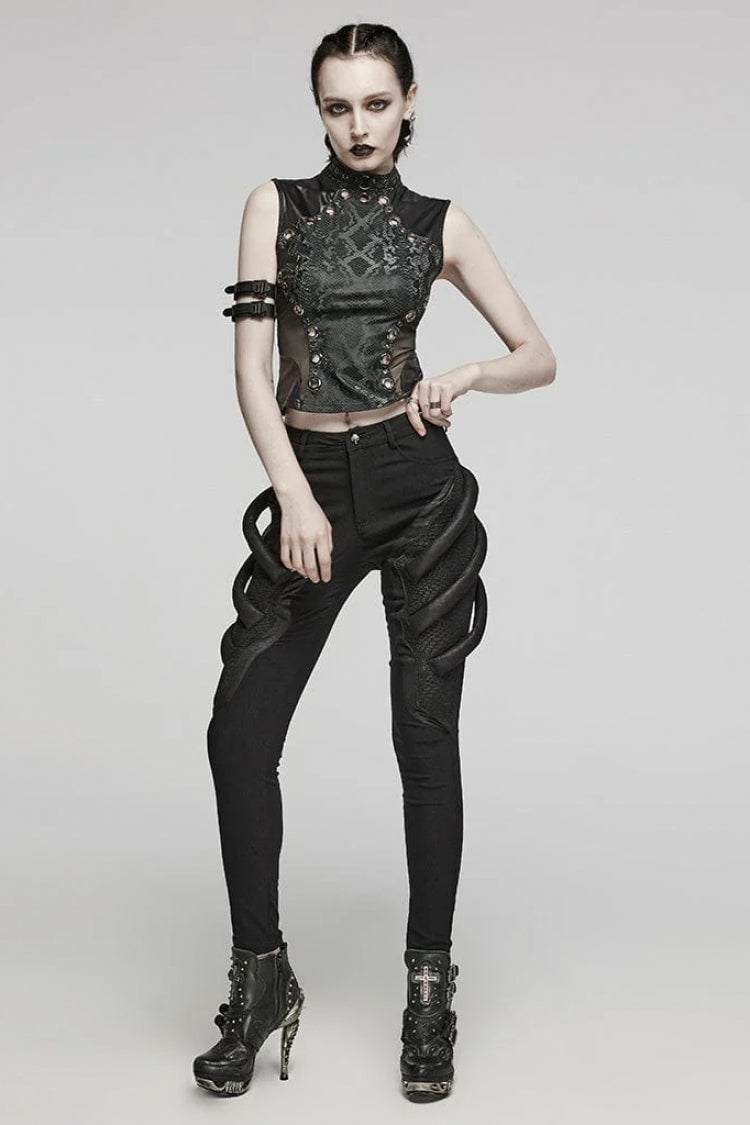 Snake Print Metal Ring Hollow Steampunk Vest - Black Victorian Punk