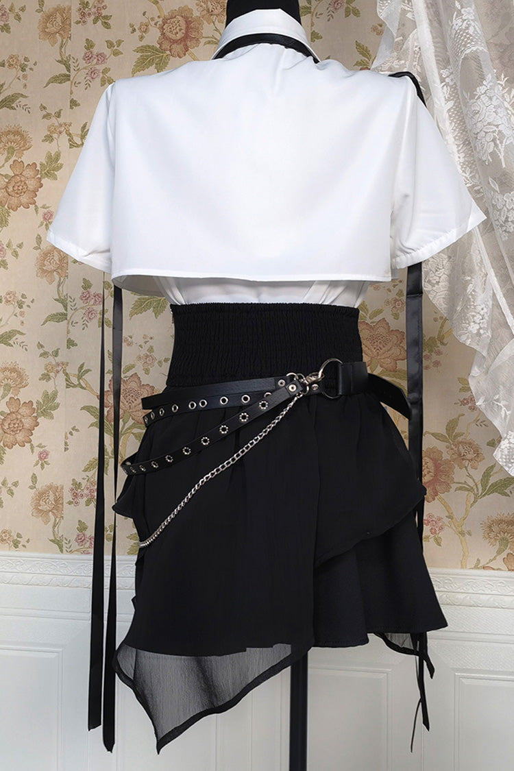 Monochrome Asymmetric Gothic Skirt and Blouse Set with Ruffled Short Sleeves