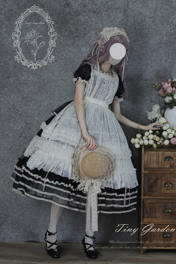 Noir Square Neck Short Sleeve Lace Pearl Sweet Dress - Vintage Ball 3.0