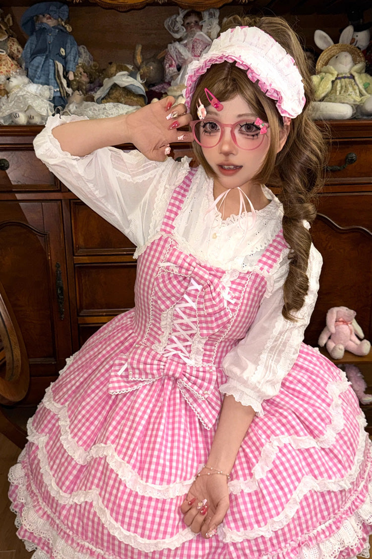 Pink Plaid Floral Ruffle Lace Up Sweet Lolita Dress