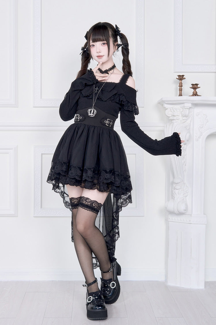 Off Shoulder Long Sleeve Ruffled Bow Lace Gothic Dress