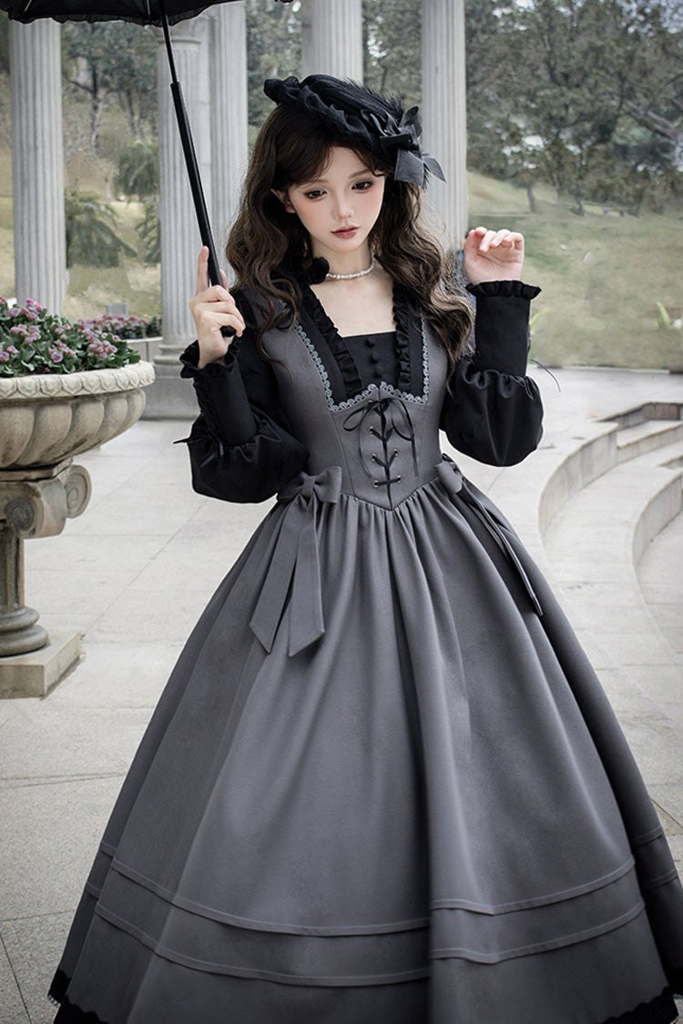 Ash Square-Collar Color-Block Lolita Gown with Lace-Up Bow