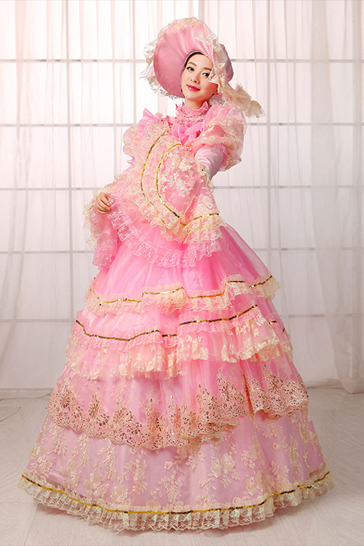 Pink Floral Embroidered Victorian Dress with Bell Sleeves - Altfashion Shop