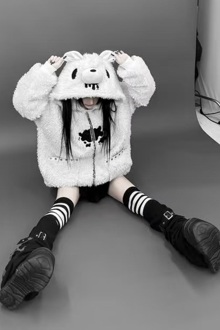 White Long Sleeve Bear Ear Hooded Zippered Gothic Jirai Kei Coat