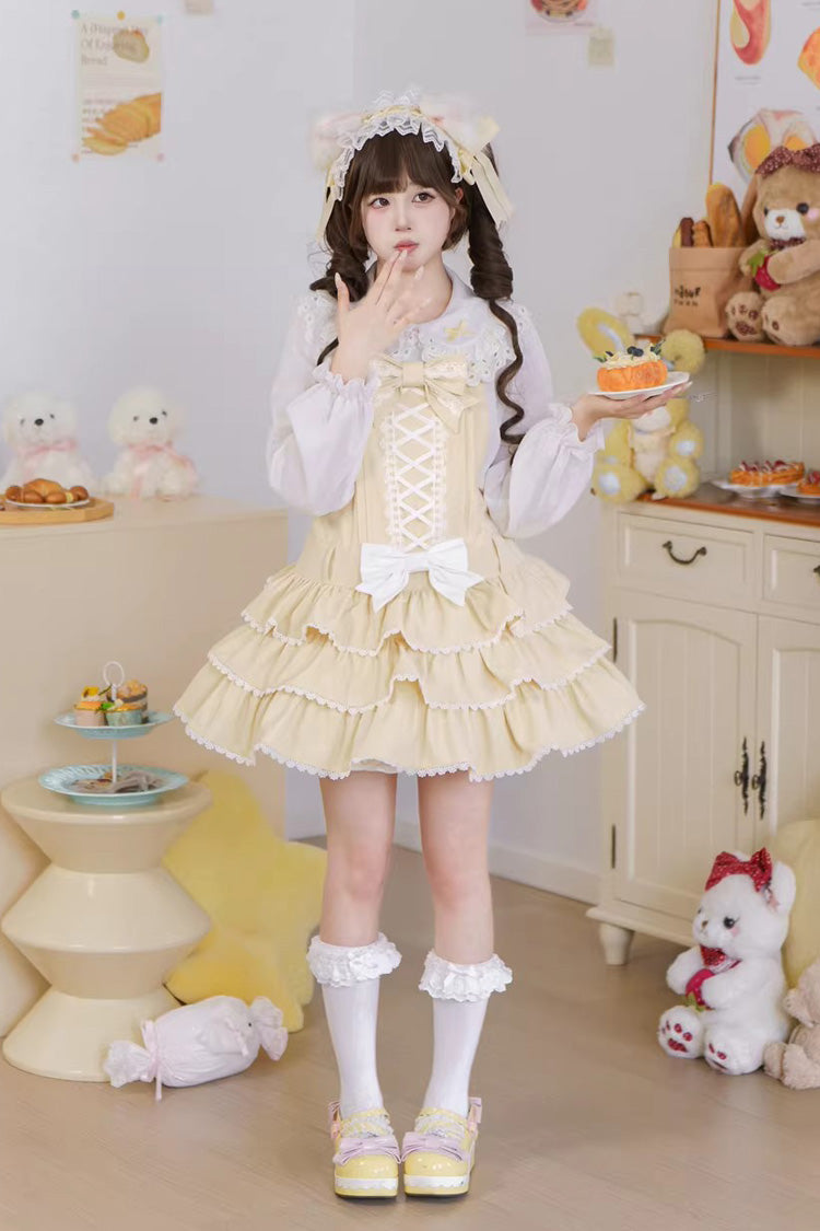 Yellow Nostalgic Showa Custard Cream Puff Sleeveless Triple-Layered Ruffled Bow Lace-Up Tiered Cake Sweet Jsk Dress