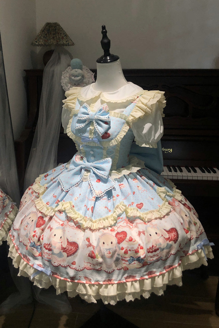 Blue [Cute Rabbit Party] Sleeveless Double-Layered Printed Ruffled Bow Sweet Lolita Jsk Dress