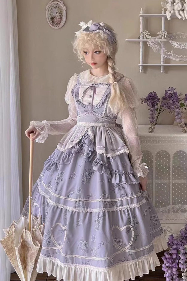 Rose Print Sweet JSK Dress with Puff Sleeves - Lolita