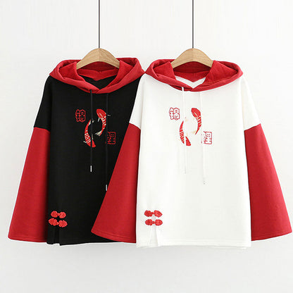 Vintage Red Fish Letter Embroidery Hoodie