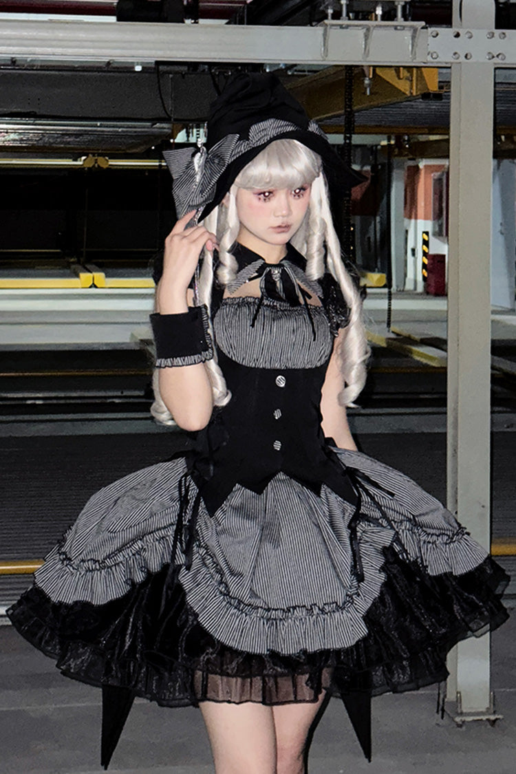 Gothic Lolita Dress with Triple-Layered Ruffle, Bowknot, Lace, Grey Potions