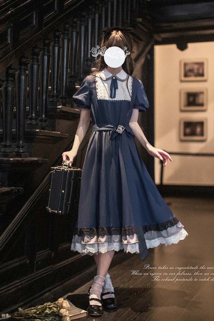 Blue [Phyllis] Lapel Collar Short Sleeves Printed Bow Classic Vintage Elegant Lolita Dress