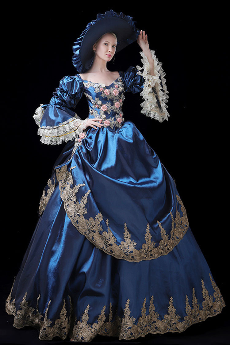 Trumpet Sleeve High Waisted Victorian Gown - 3D Flower Embroidery