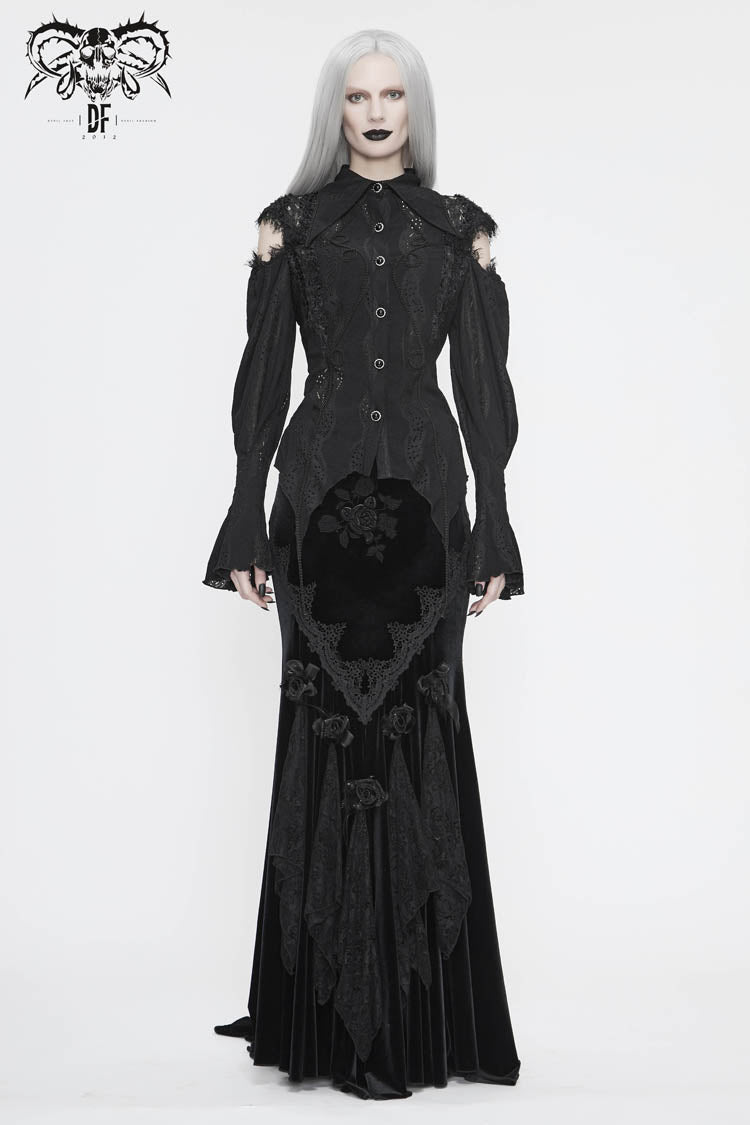 Women's Gothic Blouse in Black with Webbing Appliques, Lantern Sleeves & Back Lace-Up