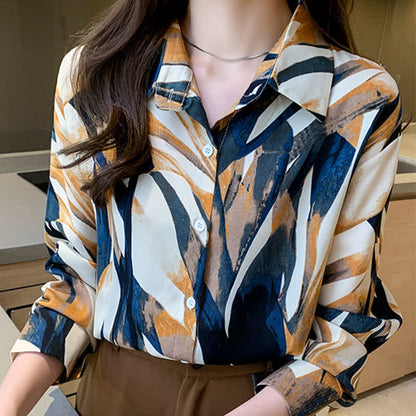 Elegant Colorblock Lapel Long Sleeve Chiffon Shirt