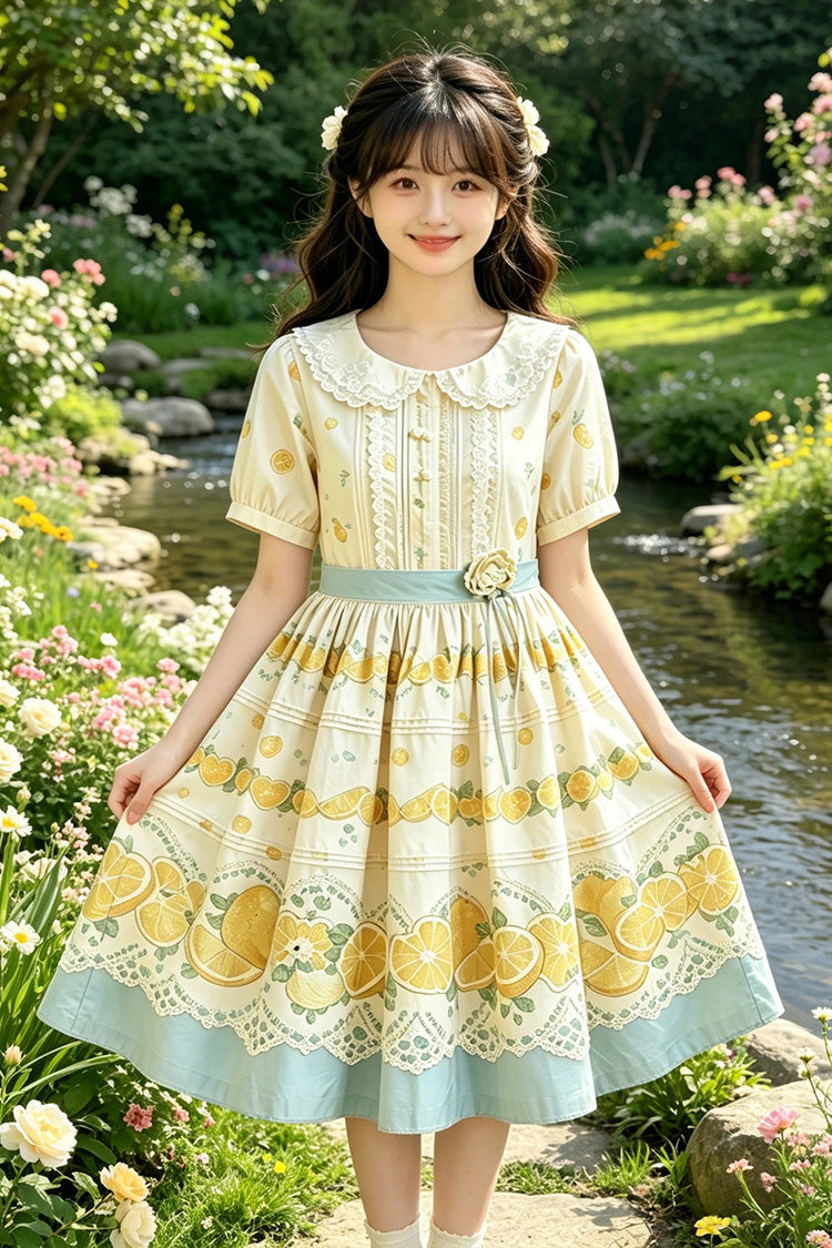 Yellow Doll Collar Short Sleeves Lemon Printed Plus Size Sweet Lolita Dress