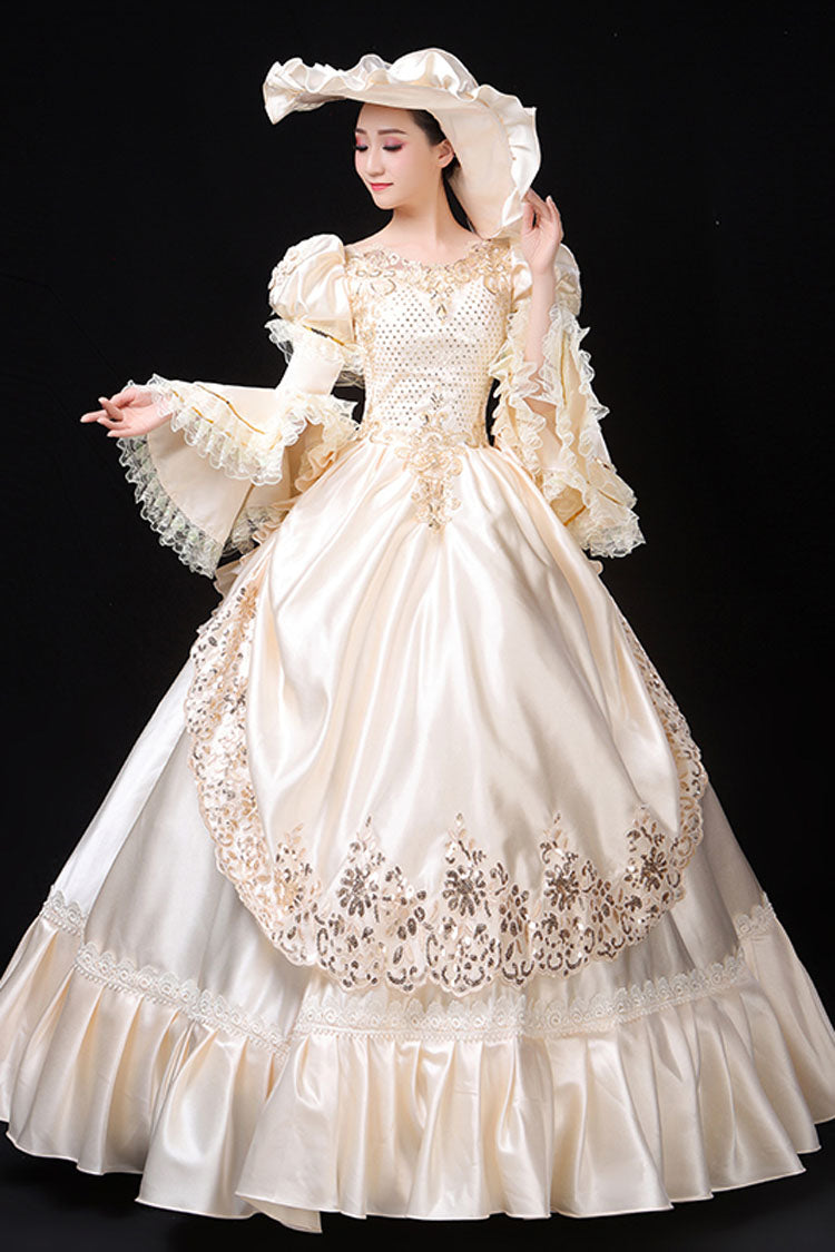 White Hime Sleeve Victorian Gown with Floral Decor - Court Style