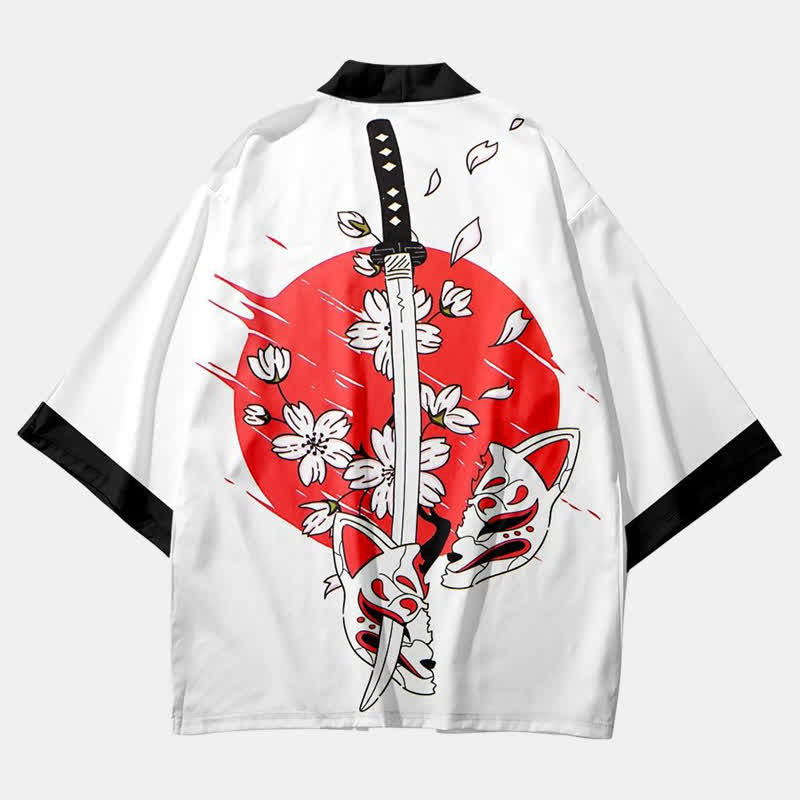 Fox Mask Sakura Sword Print Vintage Outerwear