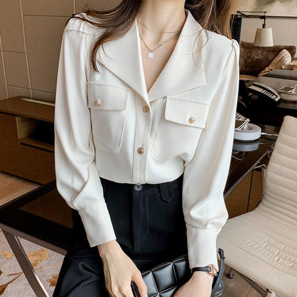 White Casual Lapel Neck Pocket Shirt