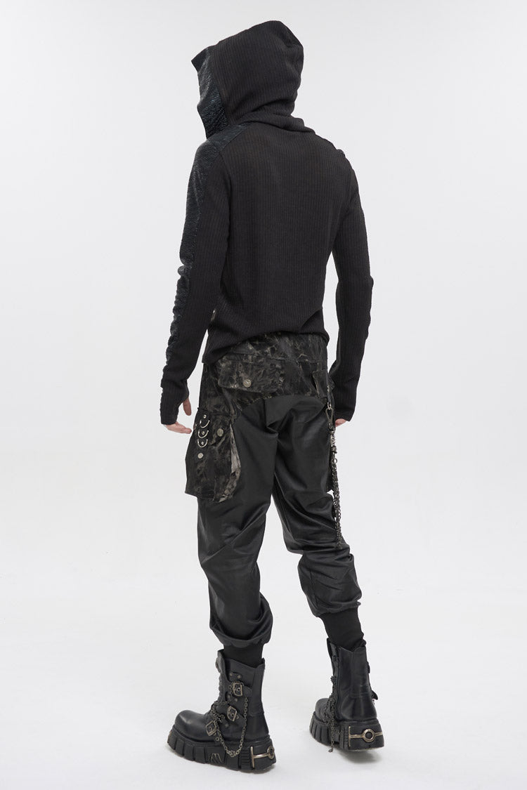 Dark V-Neck Knit Hooded Punk Tee with Tether Design