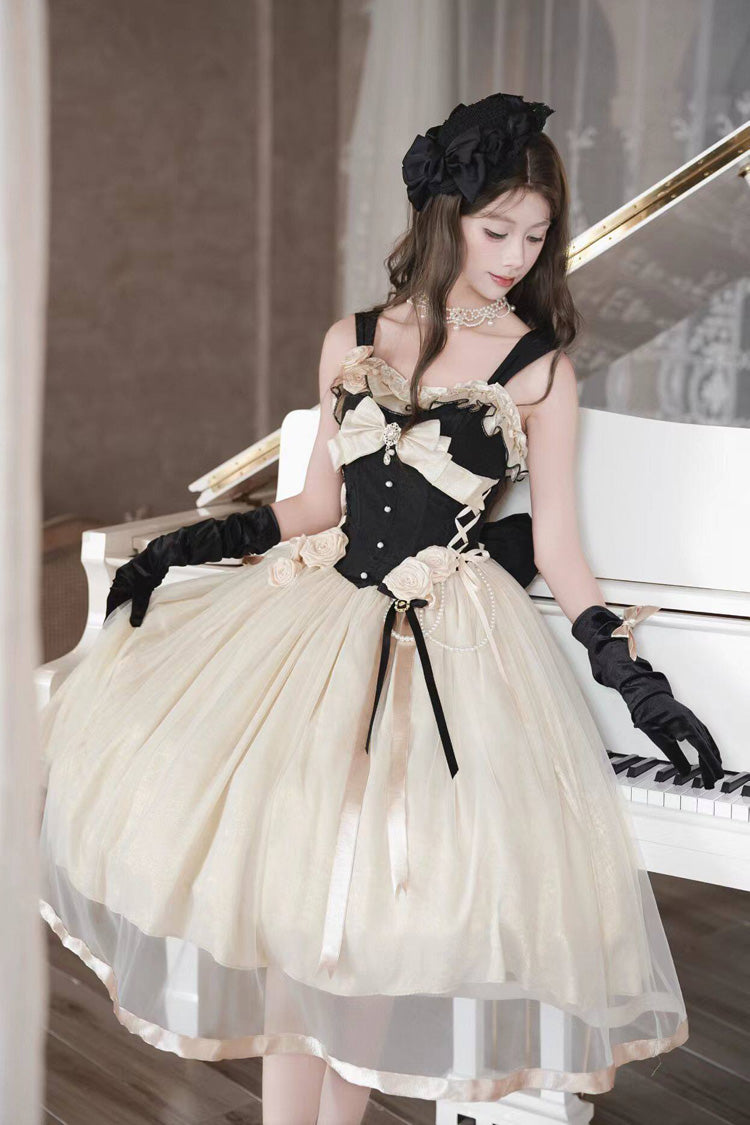 Black/White [Paris Souvenir] Sleeveless Ruffled Bow Lace-Up Fishbone Pearl-Decorated Classic Elegant Lolita Jsk Dress