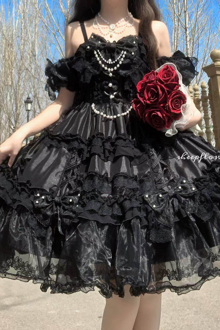 Black [Spring Cherry Snowfall] Off Shoulder Short Sleeves Multi-Layered Ruffled Bow Gothic Lolita Jsk Dress