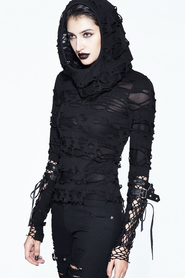 Women's Punk Shirt with Hooded Ripped Finger Covered Splice Mesh Leather Loop Lace Up