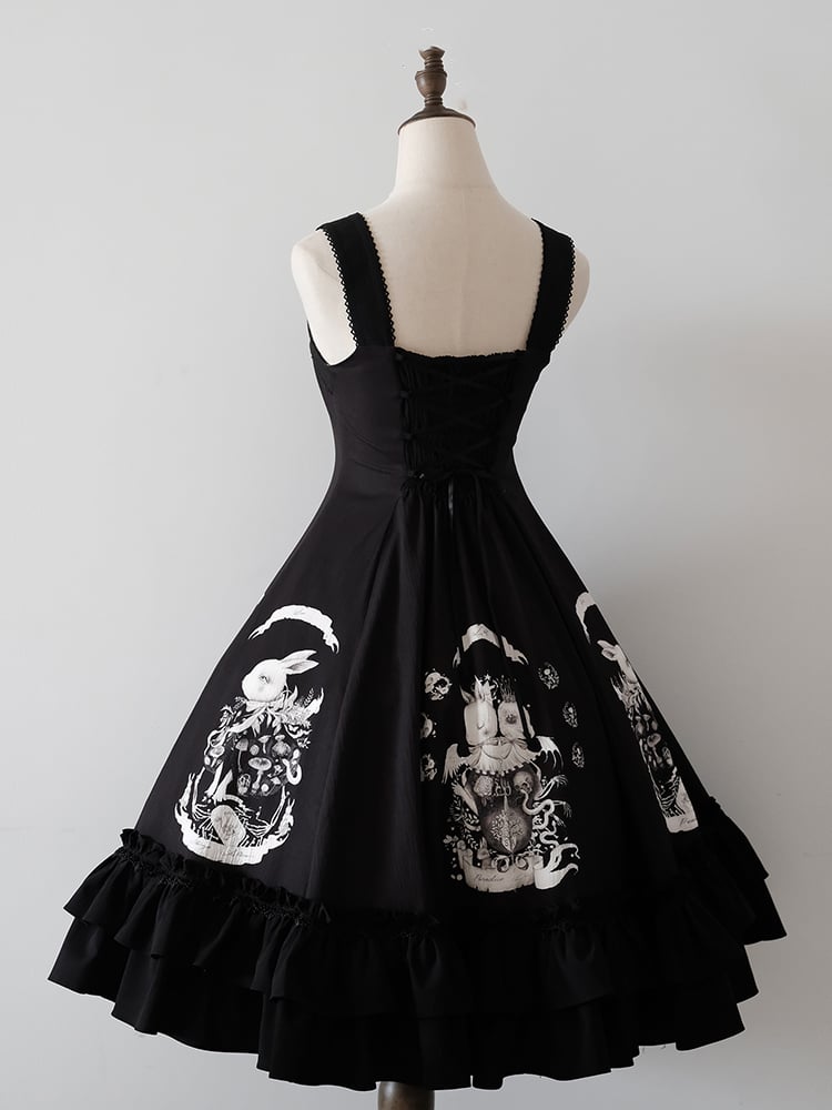 Dark Black Dress Print Waist Gothic Slim Fit Bunny Lolita