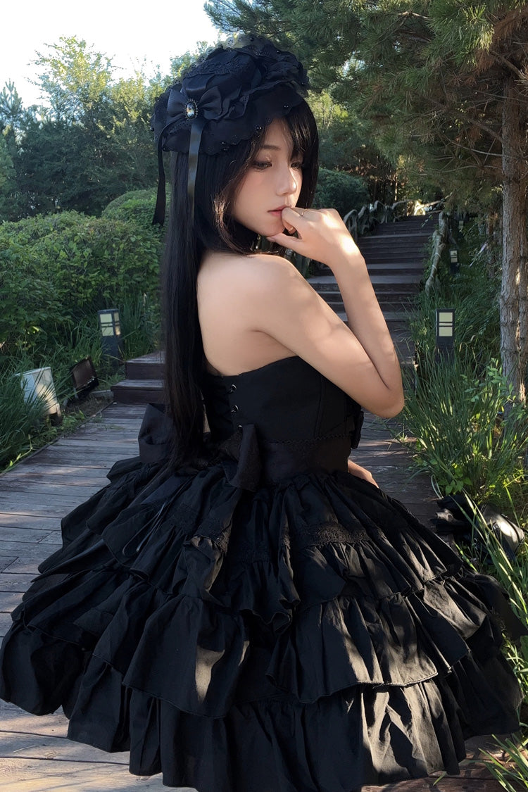 Sleeveless Black Lace Bowknot Triple-Layered Gothic Princess Dress