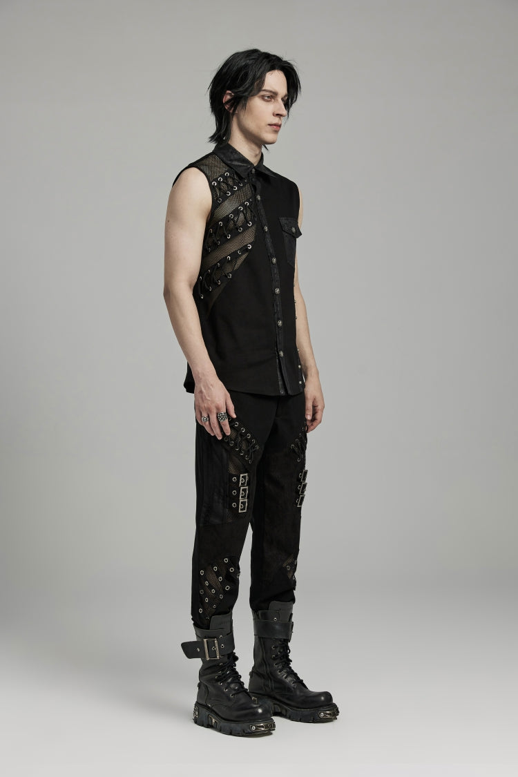 Men's Punk Vest with Hollow Stitching Lace-Up Mesh Design