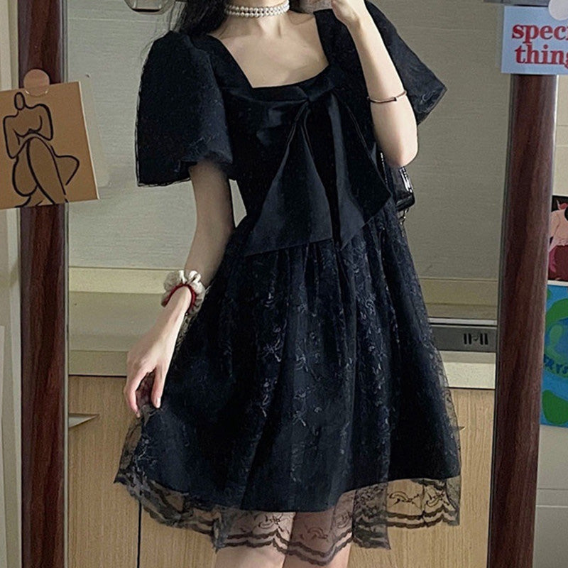 Black Lace Bow Knot Square Collar Tulle Dress