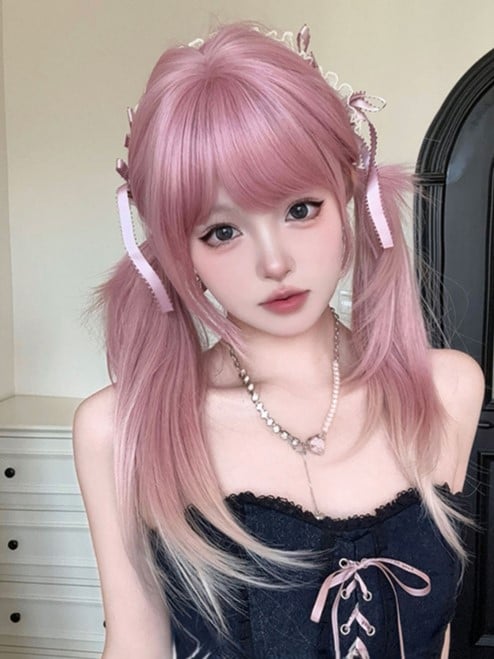 Hair Straight Pink Bangs Length Color Ombre Wig Air With 68CM