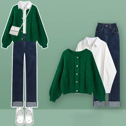 Cable Green Cardigan Sweater Lapel Shirt Denim Pants Set