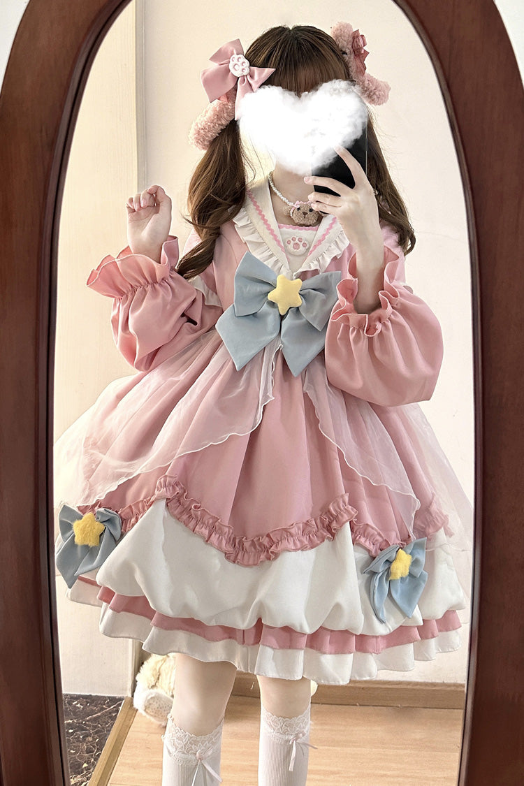 Pray Star Long Sleeve Double Ruffled Bowknot Lace Sweet Lolita Dress