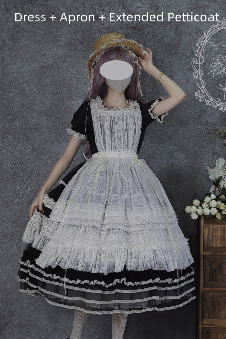 Noir Square Neck Short Sleeve Lace Pearl Sweet Dress - Vintage Ball 3.0