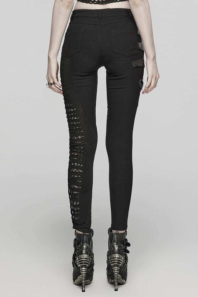 Asymmetric Steampunk Pants with Mesh & Cutout Decoration for Women