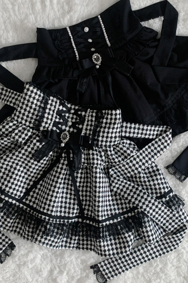 Black White Houndstooth Bow Lace Lace-Up Jirai Kei Skirt