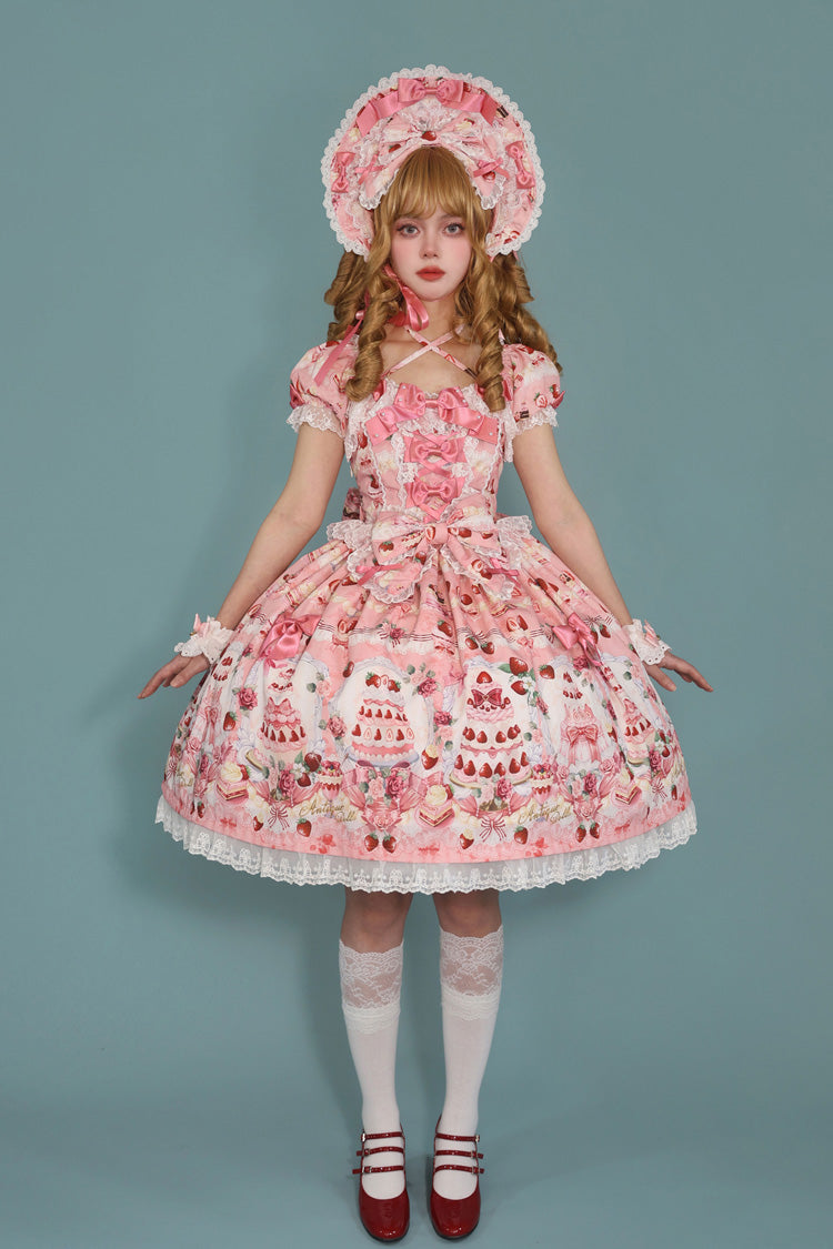 Strawberry Cake Bouquet Print Square Collar Short Sleeve Bow Lace Sweet Lolita Dress - 3 Colors