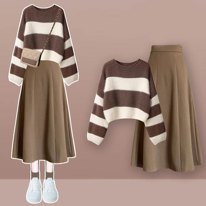 Brown Colorblock Stripe Sweater Plaid Print Skirt